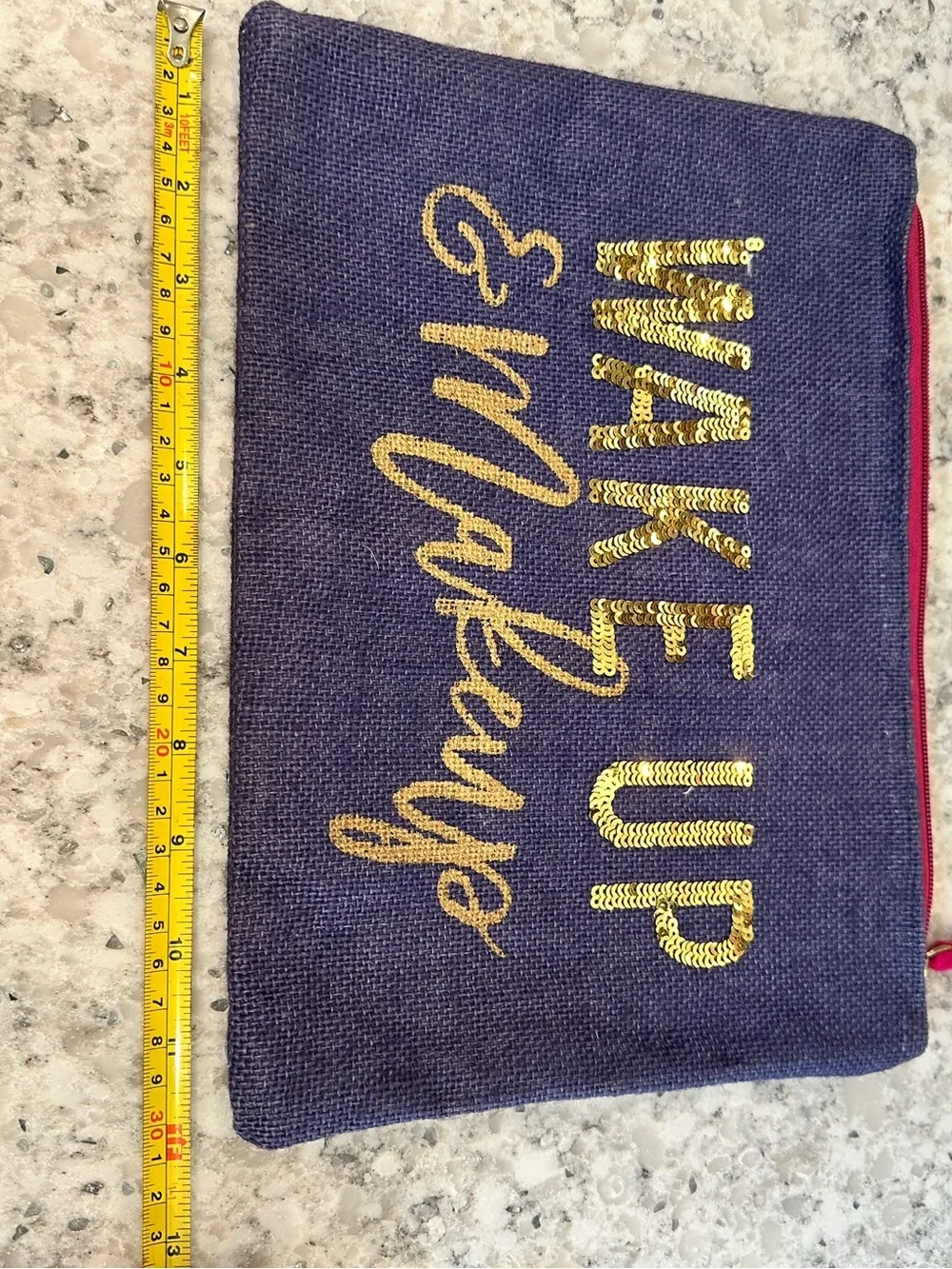 Mud Pie Navy Makeup Pouch with Gold Sequin Text and Pink Tassel